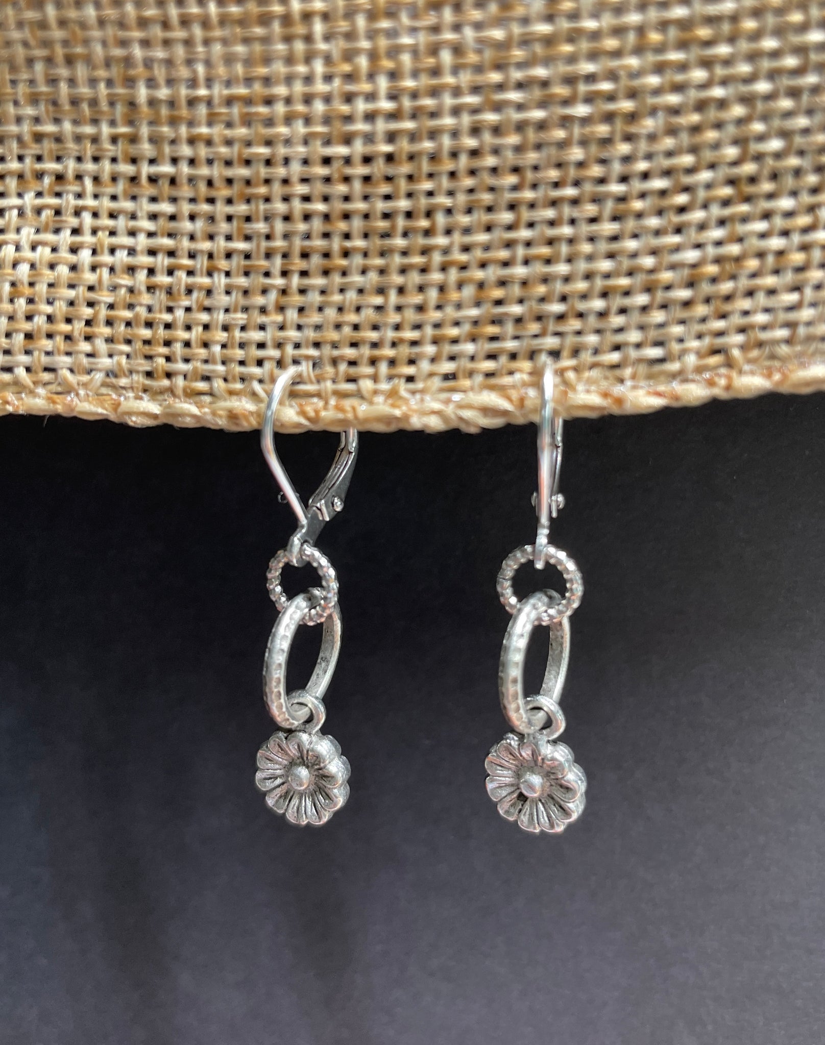 Leverback antique silver flower earrings