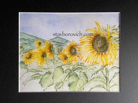 "Sunflowers" matted art print (black)
