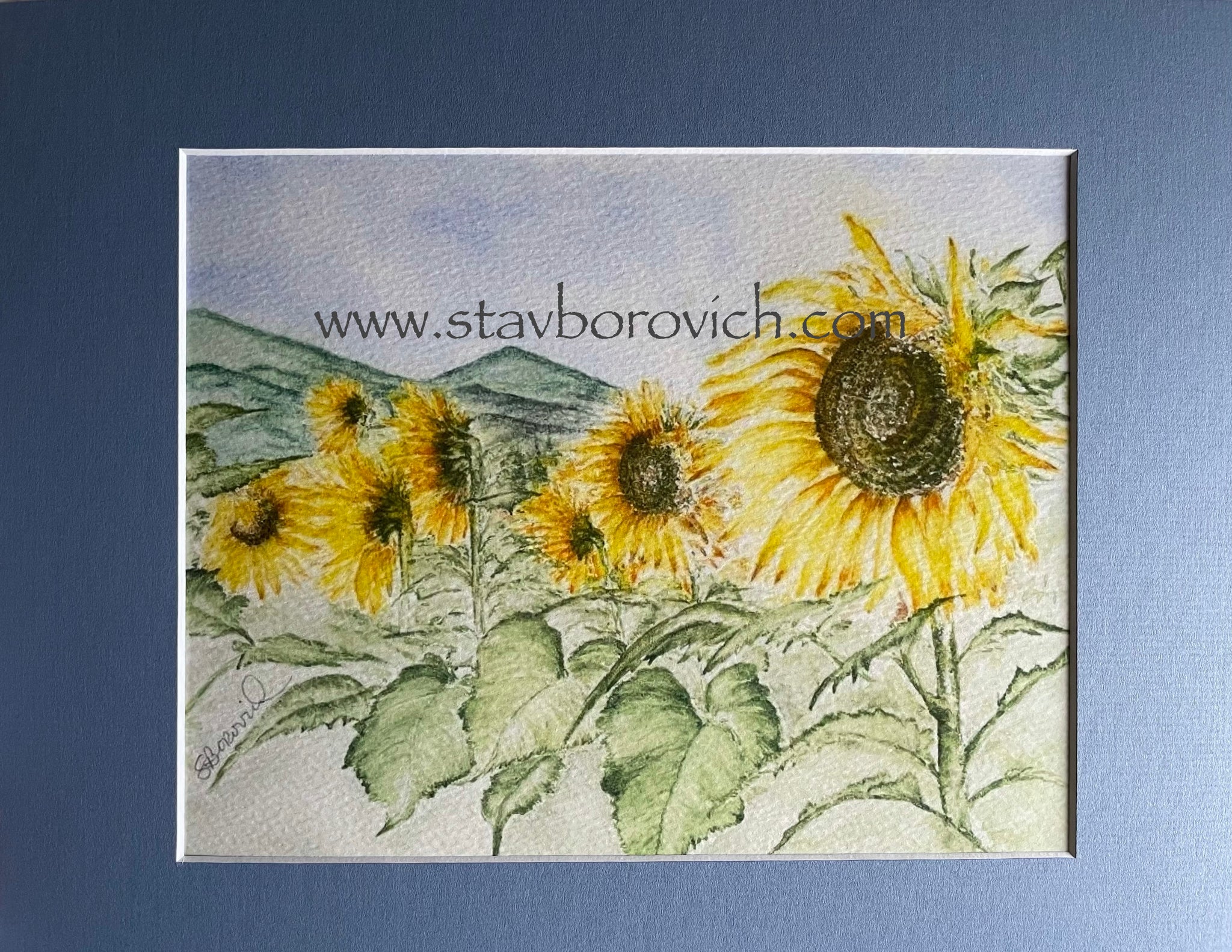 "Sunflowers" matted art print (blue)